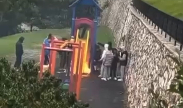 Çocuk parkında kaydırağı yakıp sohbet ettiler