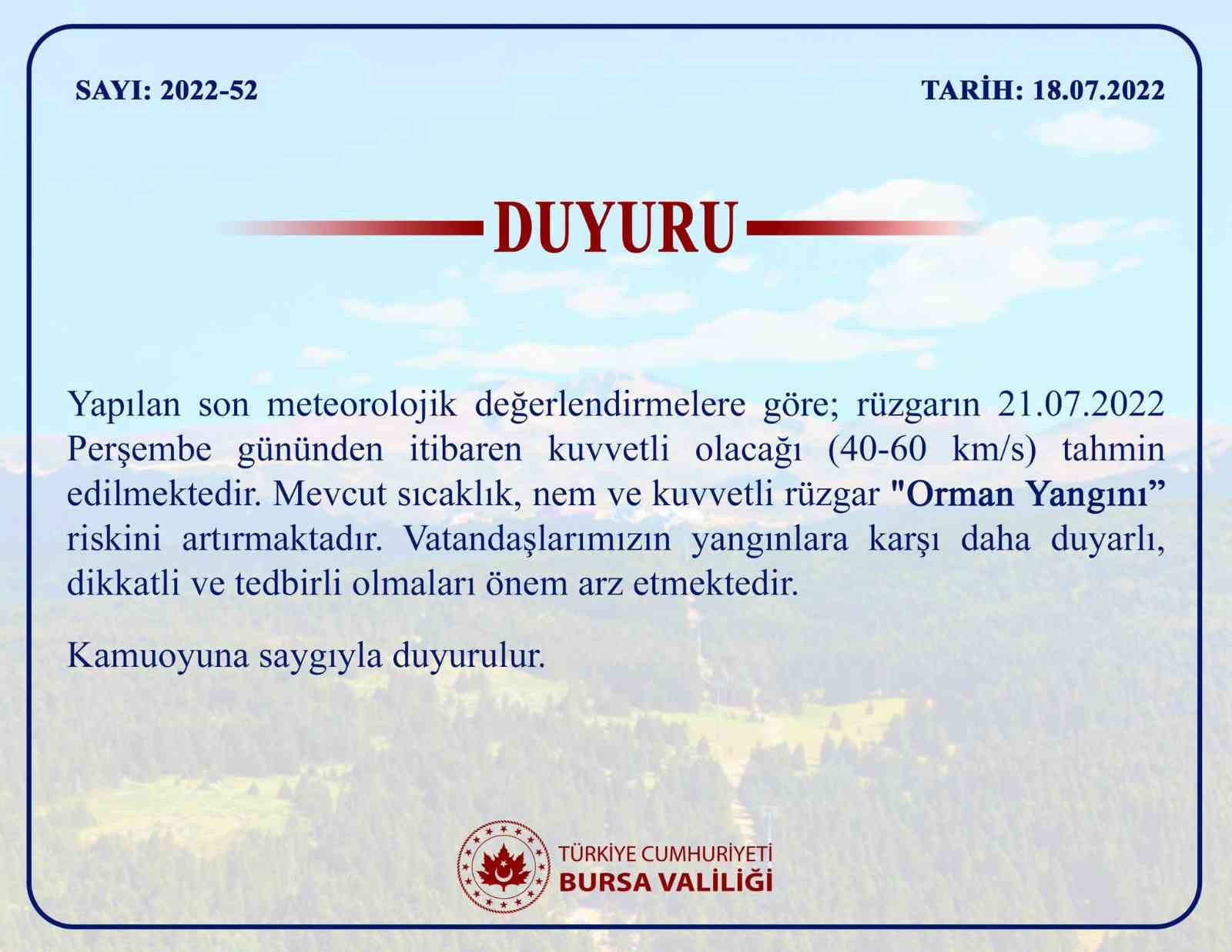 Bursa Valiliğinden Orman Yangını Uyarısı