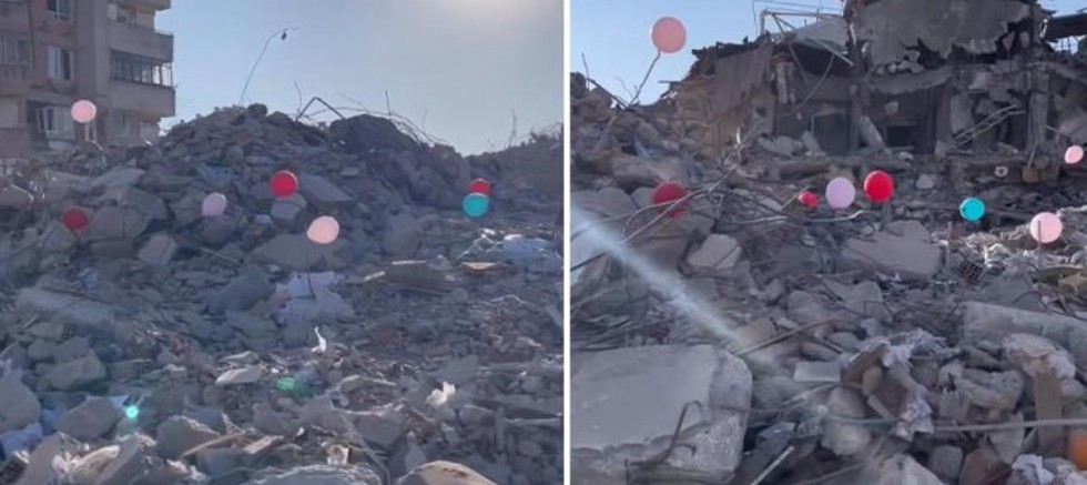 Hatay’da depremde hayatını kaybeden çocukların anısına, enkaza balonlar bağlandı