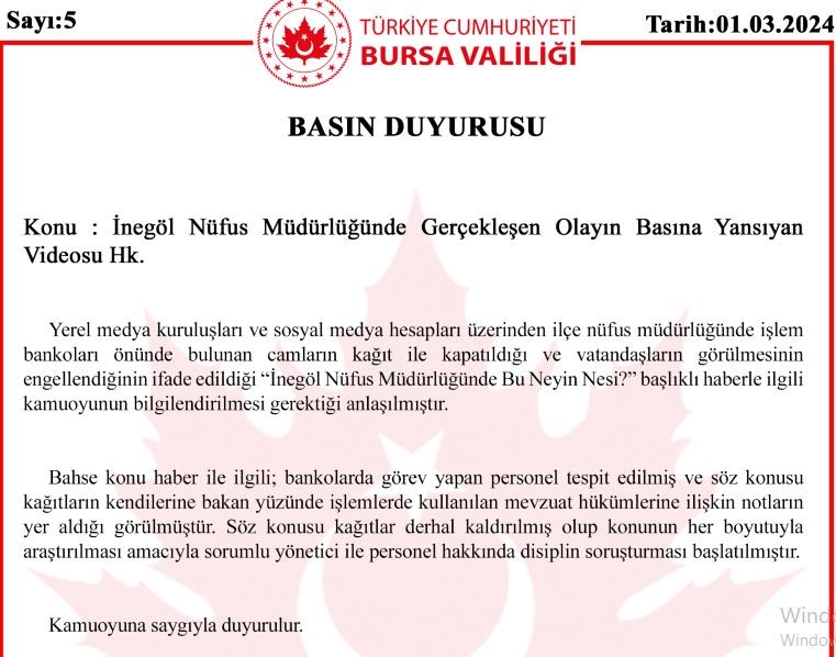 İnegöl Nüfus Müdürlüğünde Çekilen Videoya İlişkin Valilikten Açıklama