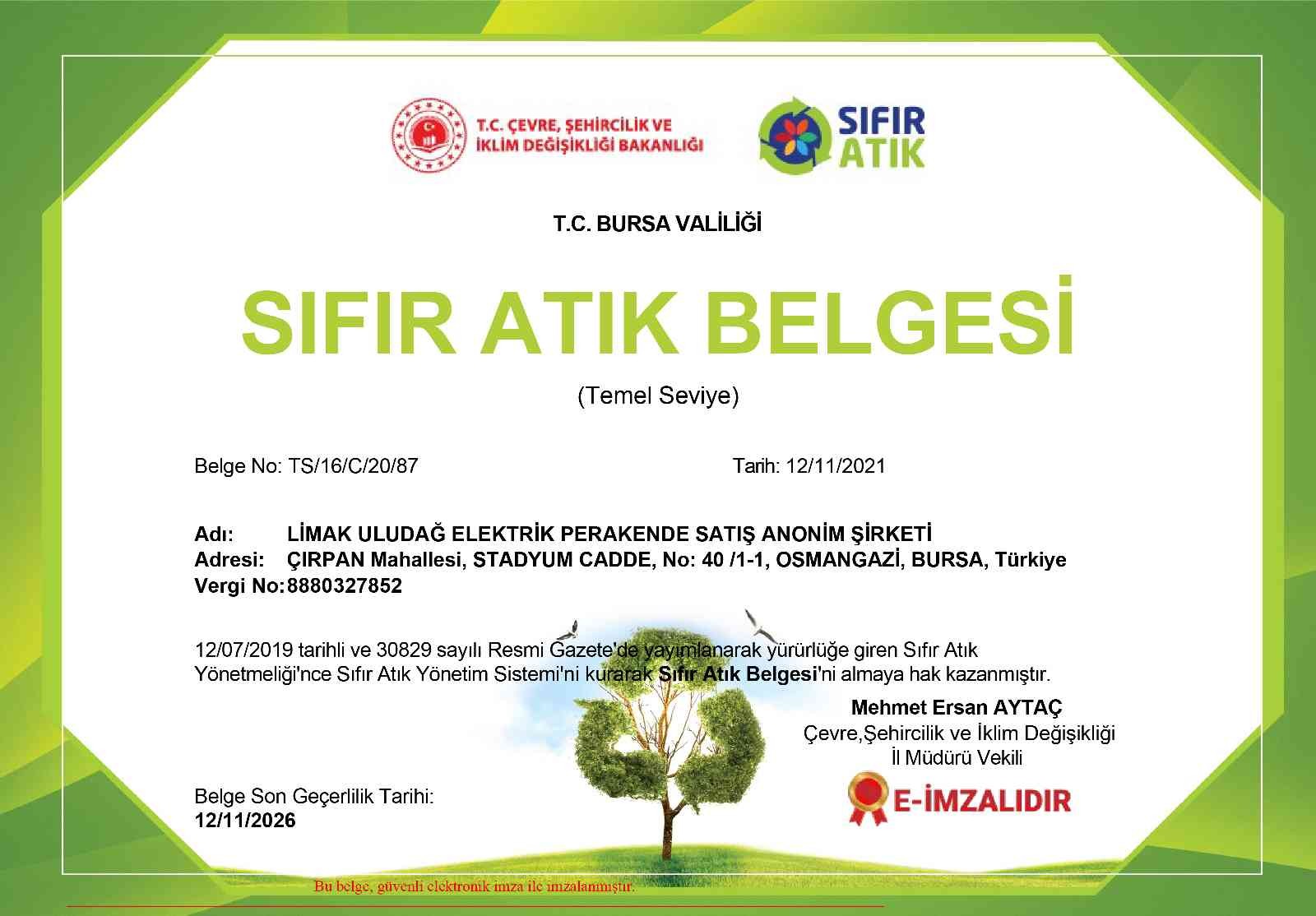 Limak Enerji Uludağ Elektrik, ‘Sıfır Atık Belgesi Almaya Hak Kazandı