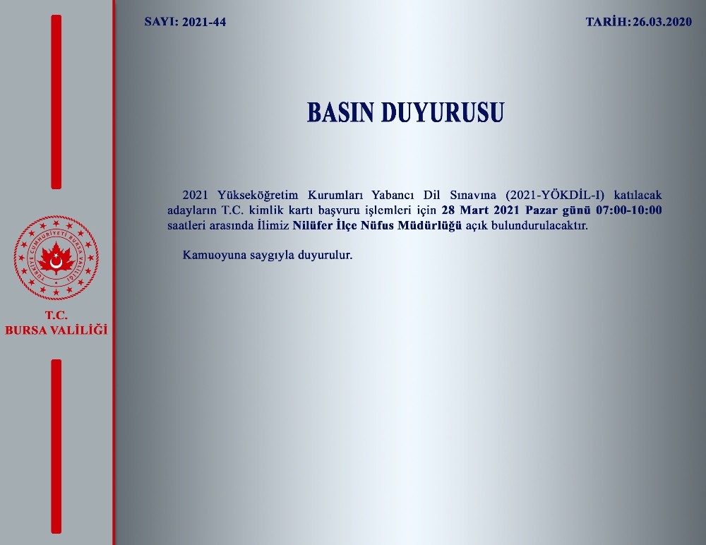 Nilüfer İlçe Nüfus Müdürlüğü Pazar Günü Açık Olacak